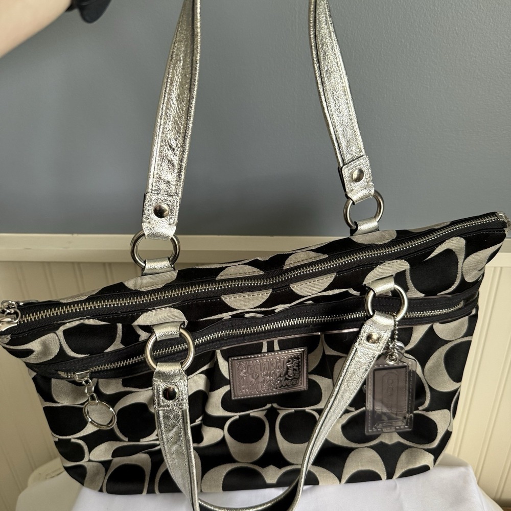 Coach Poppy Large Shoulder Tote Bag Purse Black Silver Shopper Signature C - Picture 5 of 16